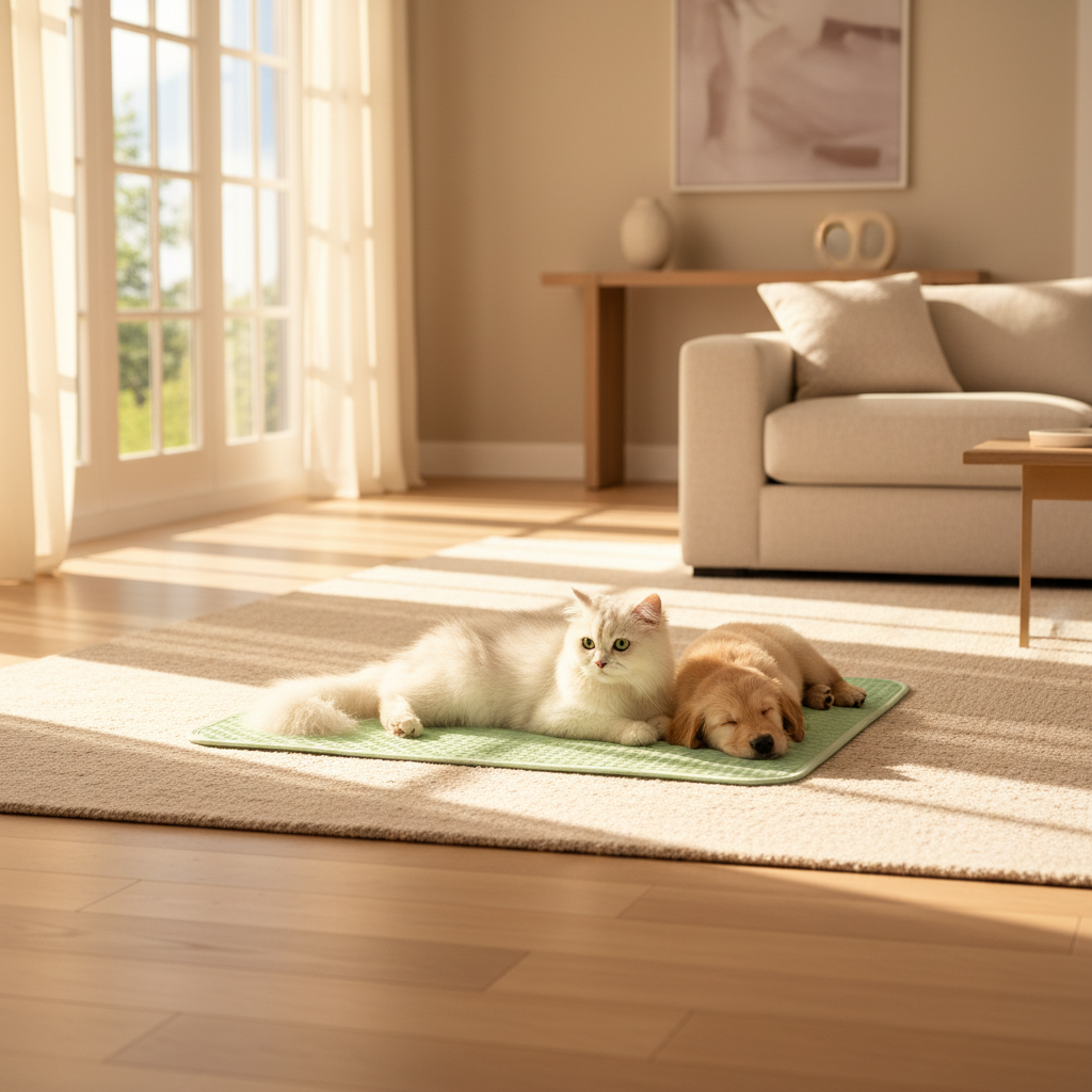 RAHADA Breathable Cooling Mat – Persian Cat and Golden Puppy, Summer Light
