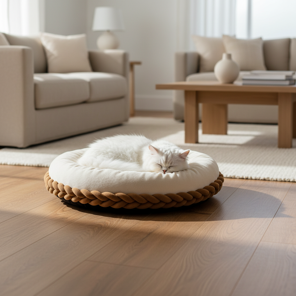 White Persian cat sleeping in RAHADA Round Pet Bed